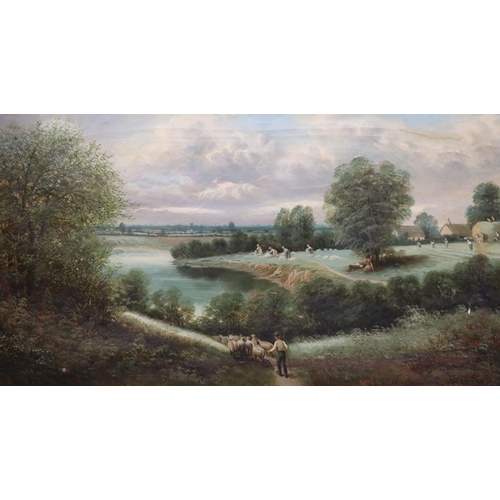 432 - Edward Priestley (1820-1880)pair of oils on canvasExtensive landscape with shepherd and flock, harve... 