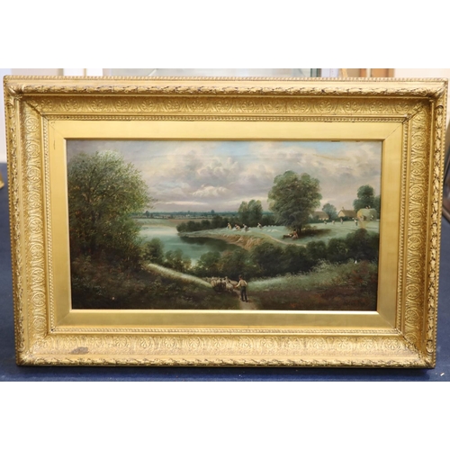 432 - Edward Priestley (1820-1880)pair of oils on canvasExtensive landscape with shepherd and flock, harve... 