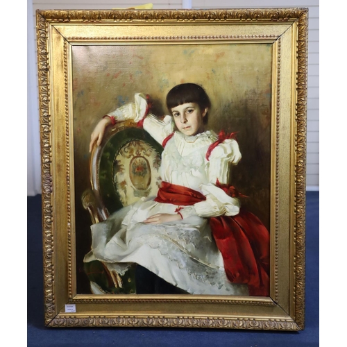 433 - Clara Muller (19th C.)oil on canvasPortrait of a girl seated upon an armchairsigned and dated 188737... 