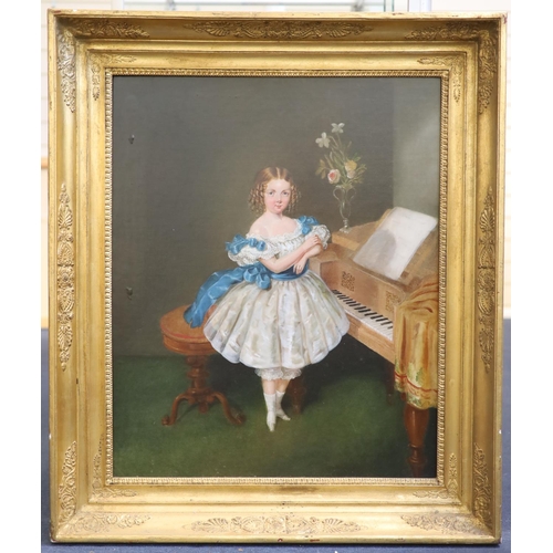 434 - Mid 19th century Continental Schooloil on canvasFull length portrait of a girl wearing a blue and wh... 