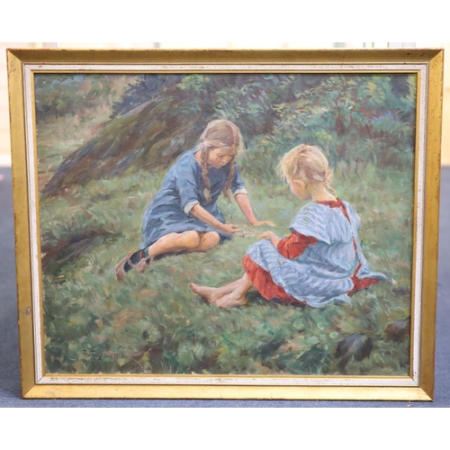 455 - Thorvald Hagbart Torgersen (1862-1943)oil on canvasGirls playing upon a grassy banksigned and dated ... 