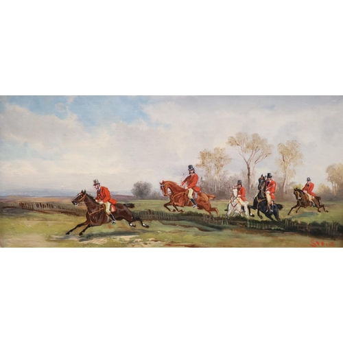 460 - Robert Stone (1820-1870)pair of oils on panelHunting scenes; 'The Chase' and 'Taking a Fence'signed5... 