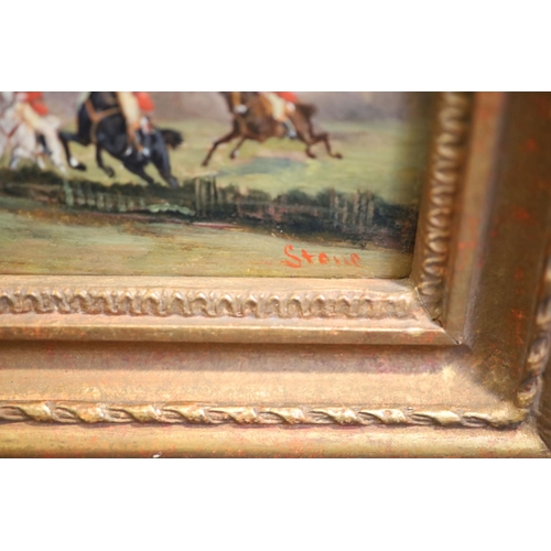 460 - Robert Stone (1820-1870)pair of oils on panelHunting scenes; 'The Chase' and 'Taking a Fence'signed5... 