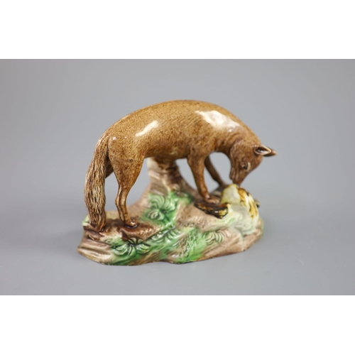 48 - A Ralph Wood the Younger polychrome pottery figure of a fox with rooster, c.1780, 16.5cm longCONDITI... 