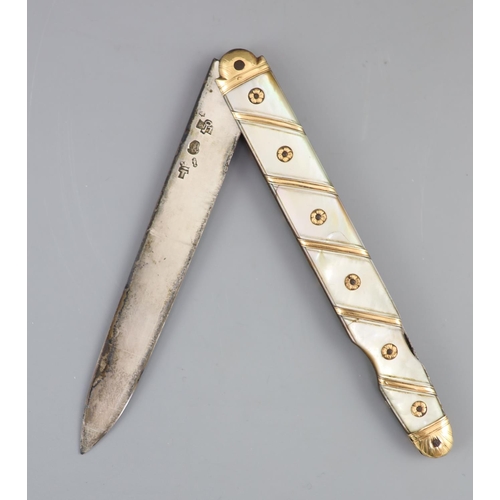 486 - An early 19th century French? gold overlaid and mother of pearl mounted handled fruit/pocket knife, ... 