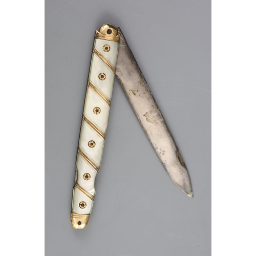 486 - An early 19th century French? gold overlaid and mother of pearl mounted handled fruit/pocket knife, ... 