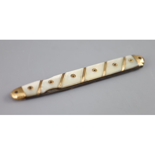 486 - An early 19th century French? gold overlaid and mother of pearl mounted handled fruit/pocket knife, ... 