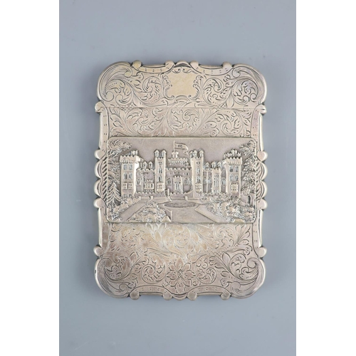 489 - An early Victorian silver double sided 'castle top' card case, depicting views of Windsor and Abbots... 