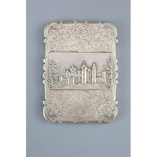 489 - An early Victorian silver double sided 'castle top' card case, depicting views of Windsor and Abbots... 