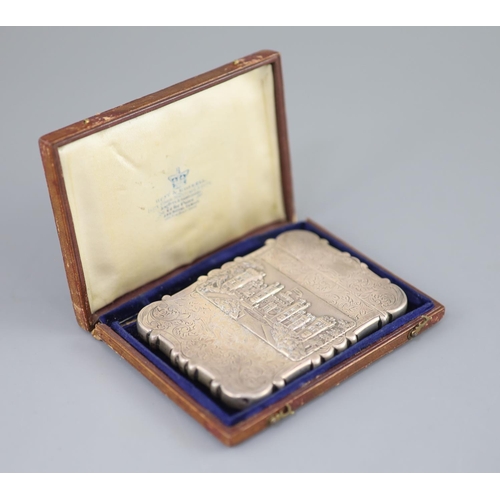 489 - An early Victorian silver double sided 'castle top' card case, depicting views of Windsor and Abbots... 