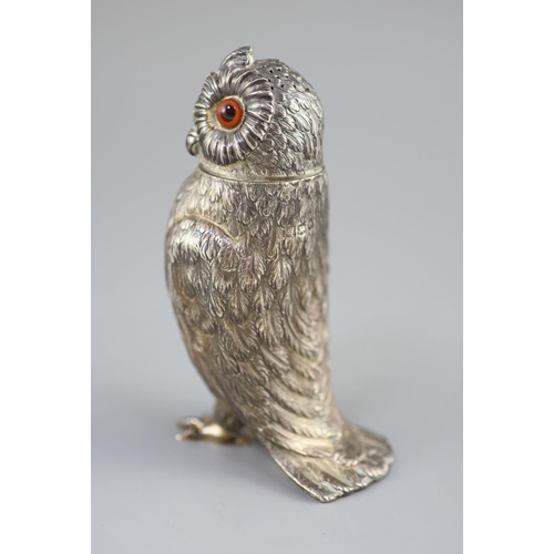 490 - A Victorian silver owl sugar sifter, having chased feather decoration and removable head inset glass... 