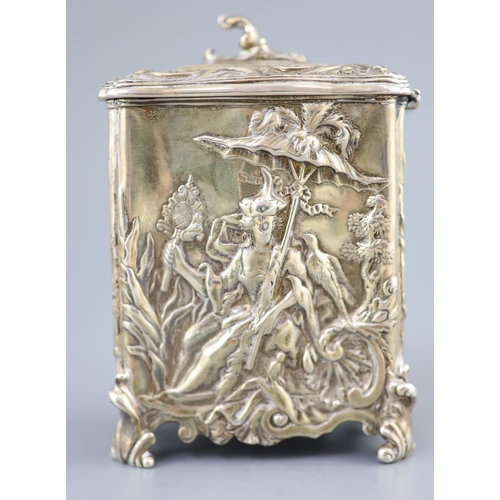 494 - A late Victorian silver rococco style tea caddy by George Fox, of rectangular form and embossed with... 