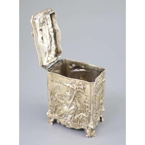 494 - A late Victorian silver rococco style tea caddy by George Fox, of rectangular form and embossed with... 