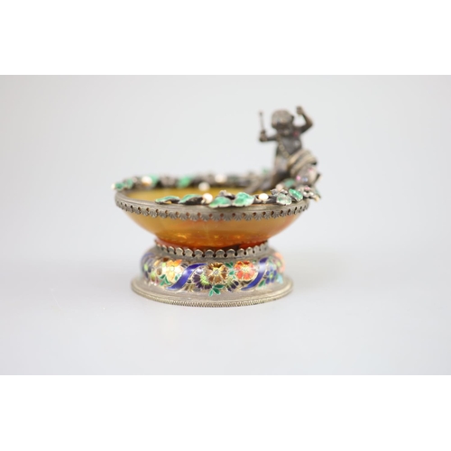 496 - A 19th century Austro-Hungarian silver, green enamel and gem set mounted agate sweetmeat bowl, with ... 