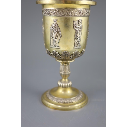 507 - A late 19th/early 20th century German parcel gilt 800 standard presentation pedestal cup and cover, ... 