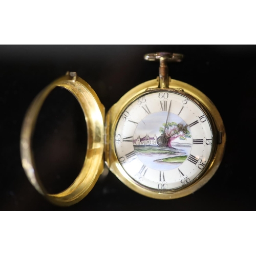 516 - An early 19th century gilt metal keywind verge pocket watch by F. Shuttleworth, with Roman dial pain... 