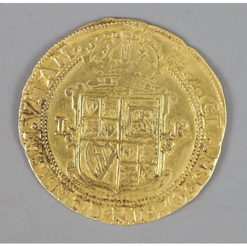 520 - A James I gold Unite coin, fourth bust, 1612-13, mm. Tower, slight crease with weakness to the area,... 