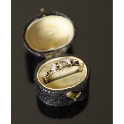 529 - An early George II gold, rock crystal rose cut diamond and black enamel memento mori ring, the centr... 