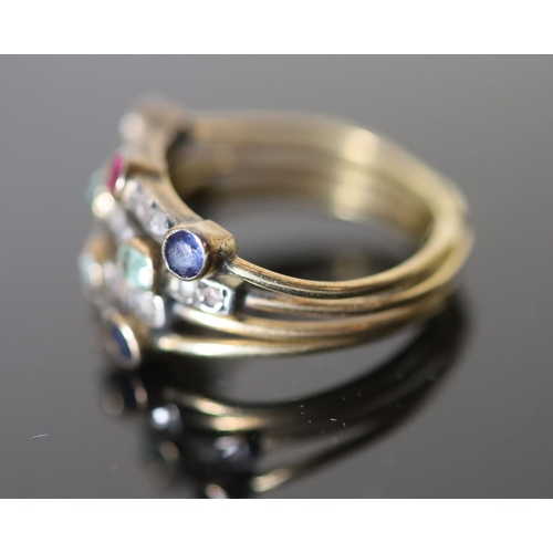 536 - A 19th century gold, sapphire, ruby, emerald and rose cut diamond set quadruple shank half hoop ring... 