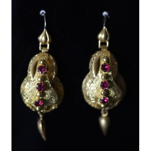 552 - A pair of Victorian gold and pink stone set double gourd shaped drop earrings, 44mm, gross 6.5 grams... 