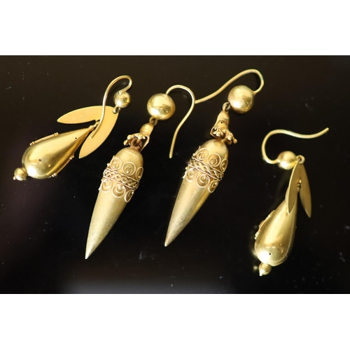 553 - Two pairs of Victorian gold teardrop shaped drop earrings, 42mm and 52mm, gross 12.1 grams.CONDITION... 