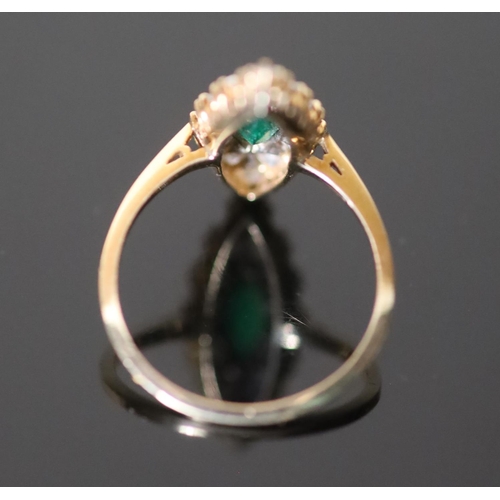 564 - A Victorian style gold, emerald and diamond cluster set marquise shaped ring, size O/P, gross 2.7 gr... 