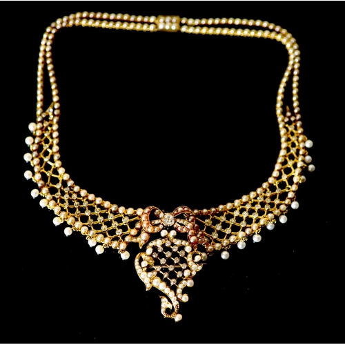 568 - A good Victorian 15ct gold, pearl and diamond set drop pendant/brooch necklace, the necklace and pen... 