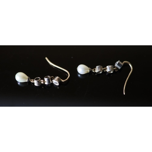 569 - A pair of early 20th century gold and silver pear shaped cultured pearl and diamond set drop earring... 