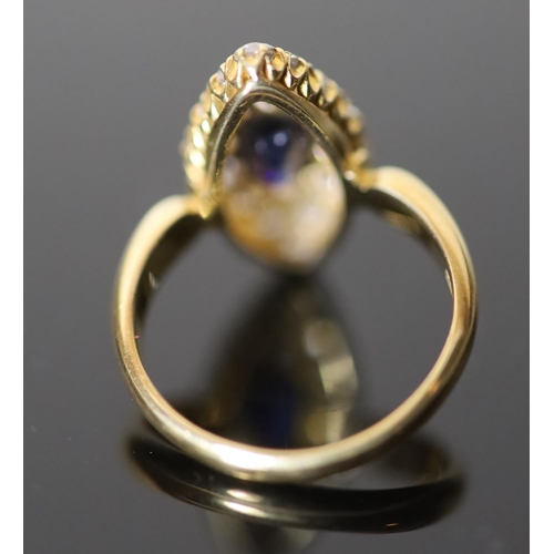 576 - A Victorian 18ct gold, sapphire and diamond set marquise cluster ring, size N, gross 5.4 grams.CONDI... 