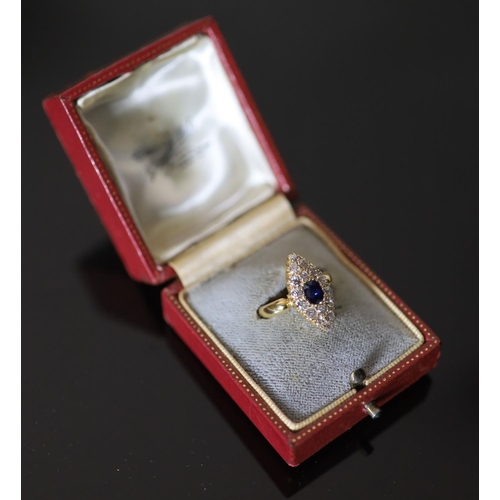 576 - A Victorian 18ct gold, sapphire and diamond set marquise cluster ring, size N, gross 5.4 grams.CONDI... 