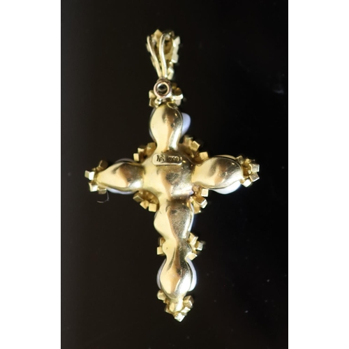 585 - A 20th century continental 18ct gold and six stone baroque pearl set cross pendant, 61mm, gross 16.8... 