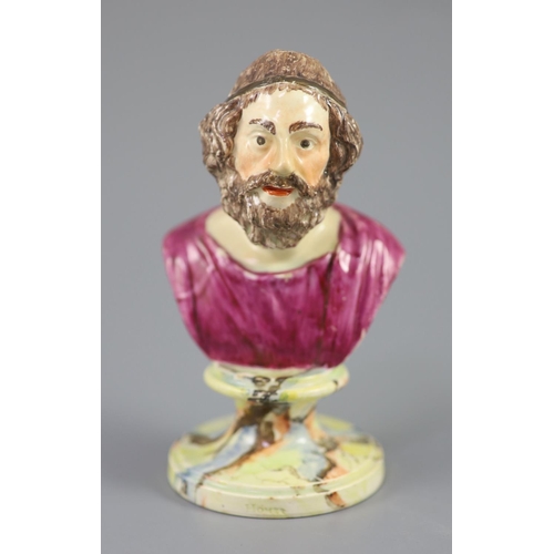 64 - A Enoch Wood type pearlware bust of Homer, on marble base, c.1790-1800, on a marbled socle, 13cm hig... 