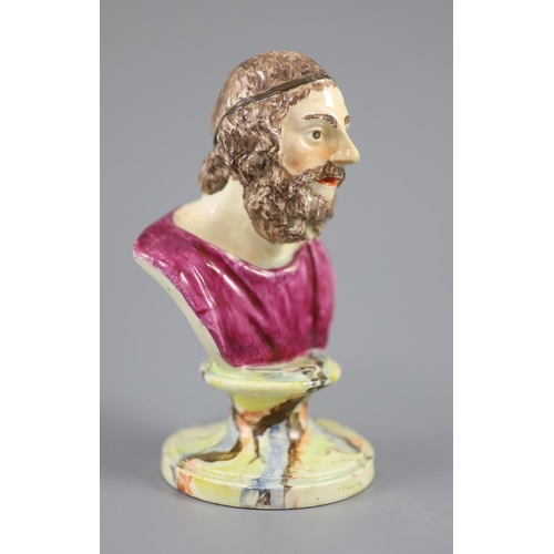 64 - A Enoch Wood type pearlware bust of Homer, on marble base, c.1790-1800, on a marbled socle, 13cm hig... 