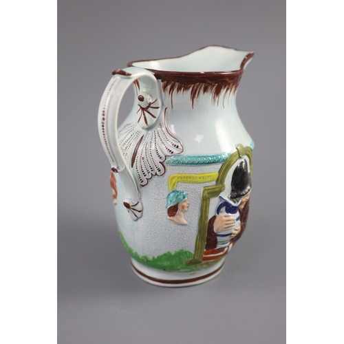 65 - A Staffordshire pearlware 'Shakespear The Poet The Miser and Spendthrift' jug, c.1800, 23cm highCOND... 