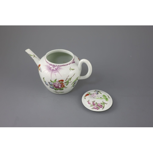 76 - A good Worcester teapot and cover, c.1760, in the Meissen taste, painted with formal flower sprays, ... 