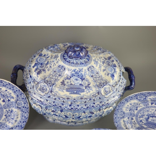 79 - An extensive Minton filigree pattern blue and white dinner service, c.1830, including a soup tureen,... 