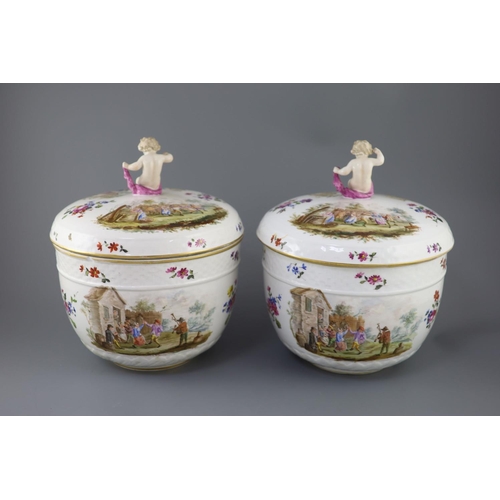 84 - A pair of large Meissen style porcelain bowls and covers, late 19th century, possibly Potschappel, p... 