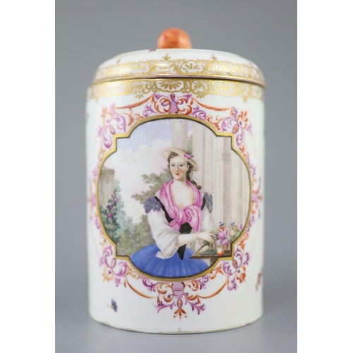 88 - A Meissen cylindrical tankard and cover, late 19th century, the shaped central reserve painted with ... 