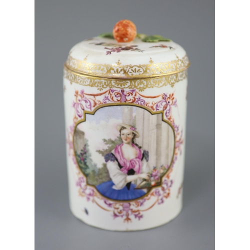 88 - A Meissen cylindrical tankard and cover, late 19th century, the shaped central reserve painted with ... 