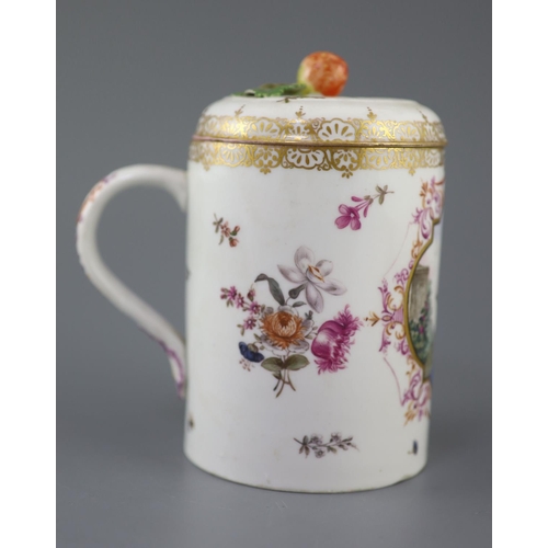 88 - A Meissen cylindrical tankard and cover, late 19th century, the shaped central reserve painted with ... 