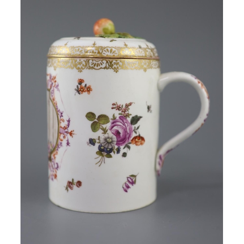 88 - A Meissen cylindrical tankard and cover, late 19th century, the shaped central reserve painted with ... 