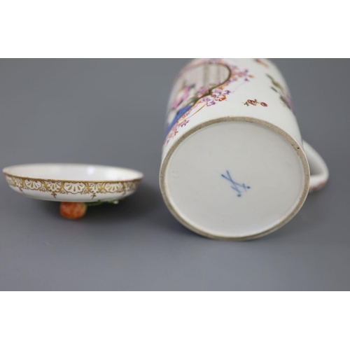 88 - A Meissen cylindrical tankard and cover, late 19th century, the shaped central reserve painted with ... 