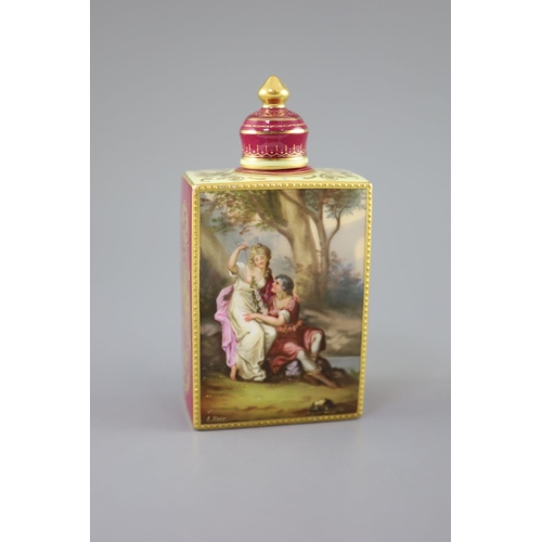 89 - A Vienna style porcelain tea caddy, of rectangular form, painted with panels of classical figures by... 