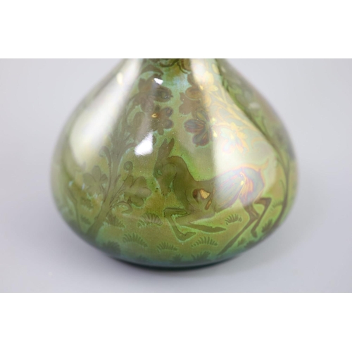 94 - Richard Joyce for Pilkington Royal Lancastrian. A lustre bottle vase, in green, yellow and blue tone... 