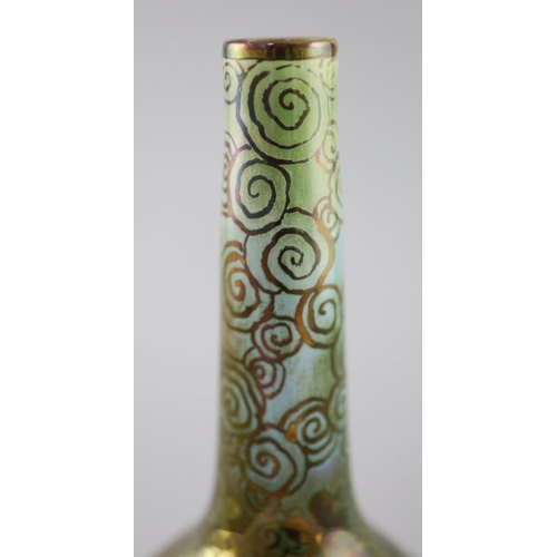 94 - Richard Joyce for Pilkington Royal Lancastrian. A lustre bottle vase, in green, yellow and blue tone... 