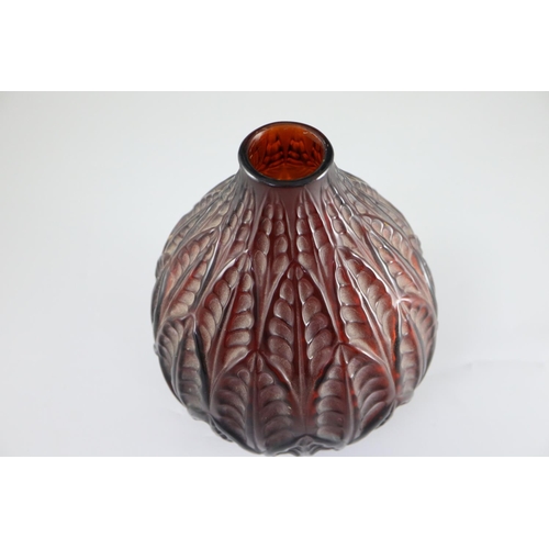 97 - René Lalique. A pre-war dark amber glass Malesherbes vase, no.1014, designed in 1927, engraved mark ... 