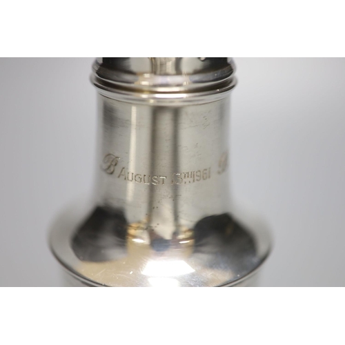 1714 - A 1960's silver sugar caster, with engraved inscription, 18cm, 4.5oz (a.f.).