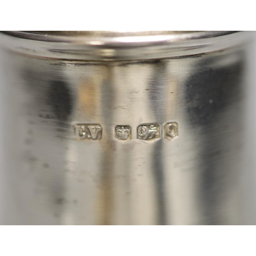 1714 - A 1960's silver sugar caster, with engraved inscription, 18cm, 4.5oz (a.f.).