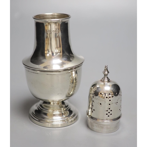 1714 - A 1960's silver sugar caster, with engraved inscription, 18cm, 4.5oz (a.f.).