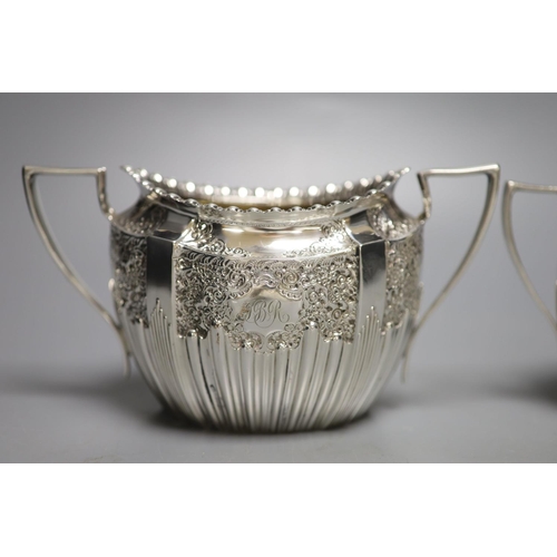 1716 - A late Victorian embossed silver sugar bowl and cream jug, James Dixon & Sons, Sheffield, 1896/7, 17... 